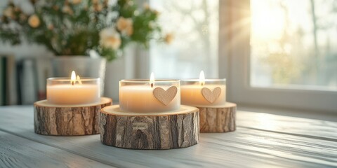 Elegant arrangement of lit candles on wooden coasters with floral background and soft morning light