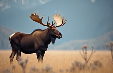 Fototapeta premium Magnificent moose stands field, Grand Teton National Park. Bull with massive antlers, majestic mammal in natural habitat. Wilderness adventure, wildlife scene, perfect for nature tech blogs, tourism