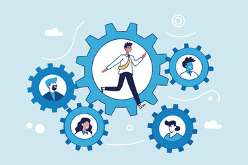 Roles and responsibilities, teamwork or resource management, work delegation, role definition or supervision, job position or organization concept, business man on gear cogwheels work with employees.