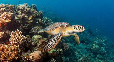 Fototapeta premium Sea turtle gracefully swims near vibrant coral reef gardens in clear waters