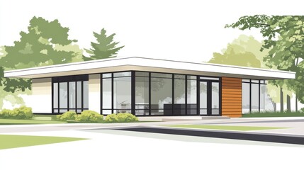 Modern flat-roofed house design with large windows and wood siding.