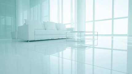 Fototapeta premium Modern white sofa and glass coffee table in a bright, minimalist office or waiting room.