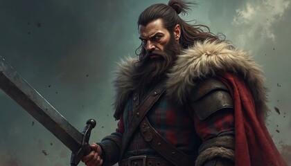 Obraz premium Scottish Highlander warrior with fierce expression, broadsword, wearing traditional plaid kilt, fur, leather armor. Rugged, historical strong character represents Scottish heritage culture, strength,