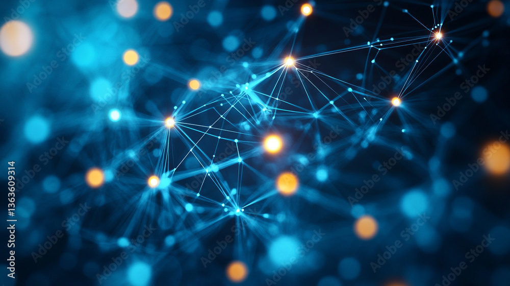 Poster abstract network connection with glowing nodes and lines on a blue and dark background design