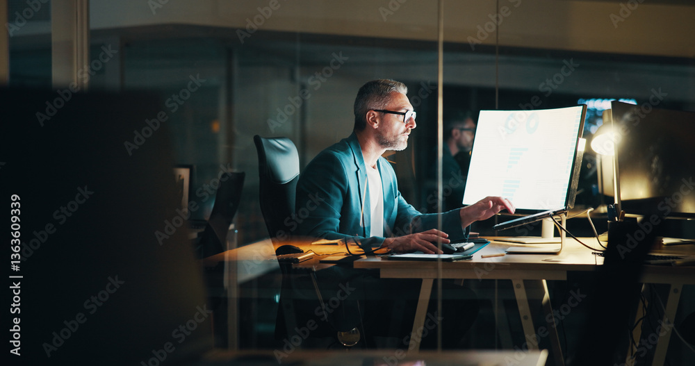 Poster office, night and business man on computer with statistics for finance report, research and analytic