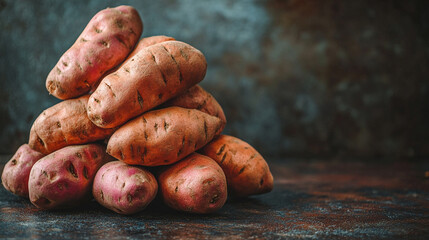 pile of fresh sweet potatoes arranged neatly, symbolizing abundance, nourishment, and the harvest season, showcasing vibrant colors and natural textures in a modern setting