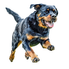 Fototapeta premium powerful rottweiler, captured mid-air, showcasing its strength, agility, and the sheer joy of movement, creating a dynamic and captivating image.
