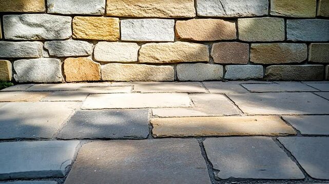Sunlit stone wall and pavement showcasing natural textures in a serene outdoor setting