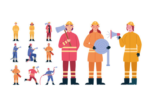 Colorful Firefighter Uniform Equipment Emergency Rescue Design Set