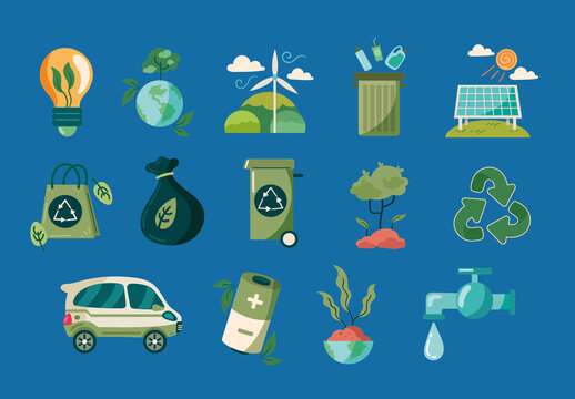 Green Blue Ecology Environment Nature Energy Recycle Illustration Set