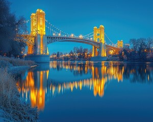 Illuminated bridge at dusk reflecting in calm river with winter scenery