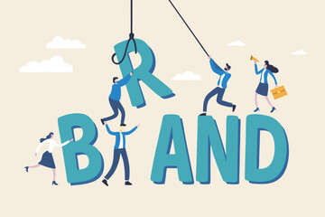 Build branding create brand awareness advertising, product or company value strategy, build reputation or identity for customer recognition concept, business people help building the word BRAND.