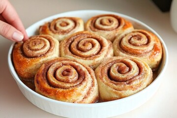 Fototapeta premium A close-up of a hand reaching for freshly baked cinnamon rolls in a white dish, capturing the delightful aroma and delicious taste of these treats.
