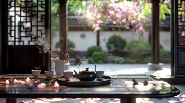 Tranquil Tea Time A Serene Setting with Steaming Cups Blooming Flowers and Traditional Teapo