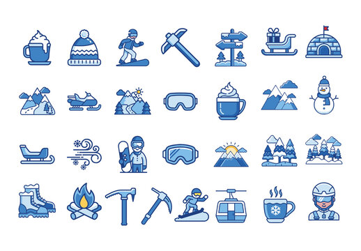Blue Snowy Nature Mountain Winter Adventure Icons Set
