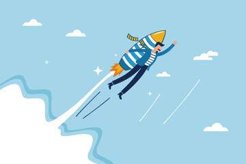 Boost business growth, innovation or fast speed development, rocket or firework boosting startup, ambition or aspiration for winner concept, businessman flying high with fast firework in the sky.