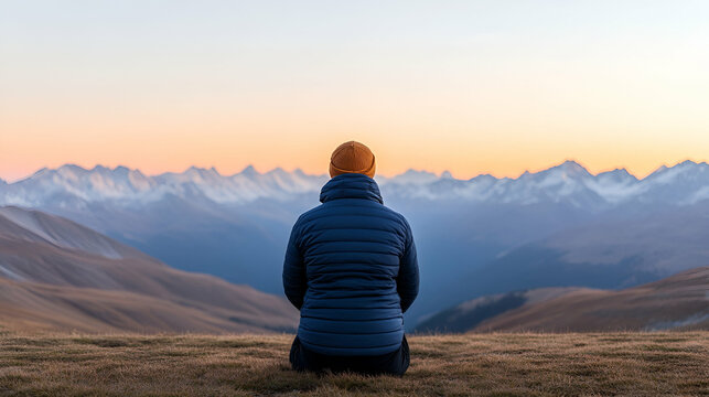 Contemplative figure gazing at expansive snow-capped mountain landscape