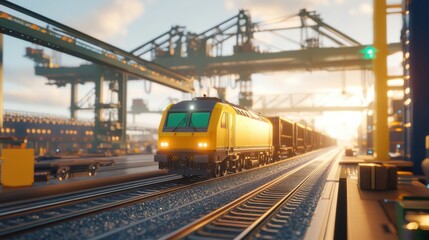Futuristic Train in Rail Yard with Robotic Cranes
