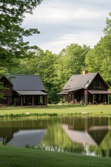 Fototapeta premium Rustic houses by a serene pond surrounded by vibrant greenery in the afternoon light, showcasing a tranquil natural retreat