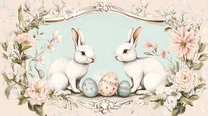 Easter bunnies with floral frame, and eggs. (2)