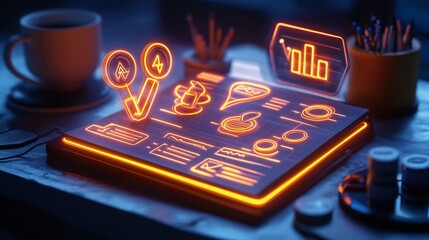 Neon futuristic business journal with glowing startup growth strategies profit trends and marketing funnel diagrams ultra realistic 4K
