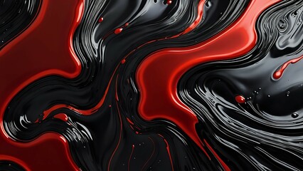 A dramatic blend of deep red and black molten liquid, resembling lava flow with a metallic sheen and thick texture.
