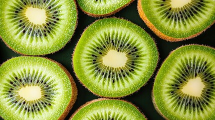   A pile of cut kiwis with slices stacked on top