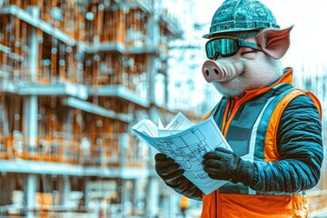 An anthropomorphic pig construction worker reviews building plans at construction site, wearing a hardhat, goggles, and safety vest in a detailed, whimsical design.