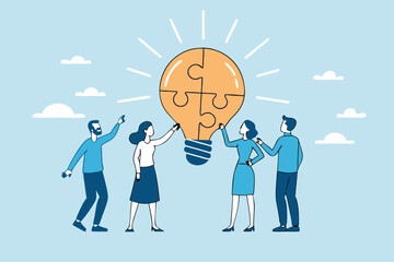 Idea brainstorming, cooperation or collaboration to get solution, teamwork or team meeting to develop idea together, employee participation concept, business people connect lightbulb jigsaw puzzle.