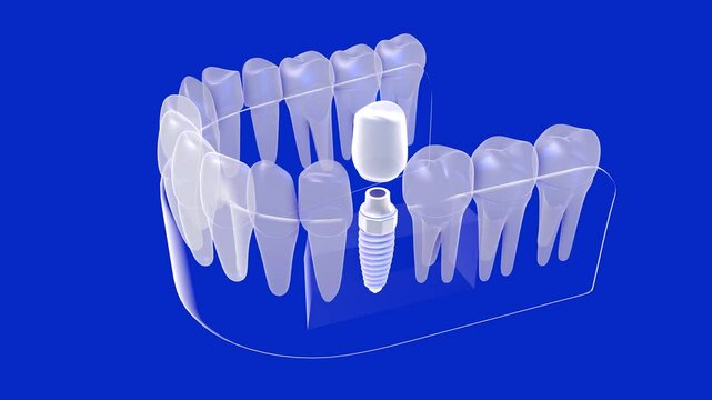 3D animation of a dental implant in a white, transparent, and anatomical graphic style. Showing the implant before and after placement. Placed in the glass gum on a blue background, viewed from above.