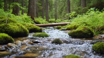 Obraz premium Creek flows through verdant forest floor, moss covers rocks and fallen log