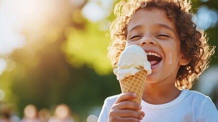 Happy Child Enjoying Delicious Vanilla Ice Cream Cone Outdoors on Sunny Day