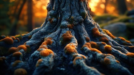 Close-up of an ancient tree trunk with deep, rugged bark, cracks, and moss, bathed in golden light