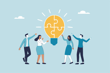 Idea brainstorming, cooperation or collaboration to get solution, teamwork or team meeting to develop idea together, employee participation concept, business people connect lightbulb jigsaw puzzle.