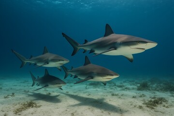 Obraz premium Beneath the Waves: A School of Elegant Sharks Swimming Gracefully in Crystal Clear Ocean Waters