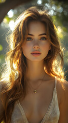 Fototapeta premium Sunny portrait of a fair-skinned woman with long, wavy auburn hair, outdoors