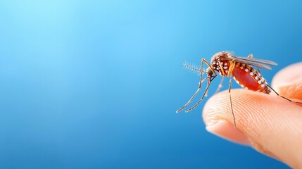 Close up of Aedes Mosquito on Human Finger Against Blue Background