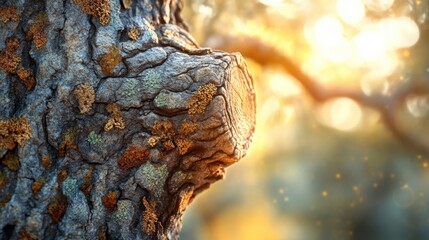 Close-up of an ancient tree trunk with deep, rugged bark, cracks, and moss, bathed in golden light