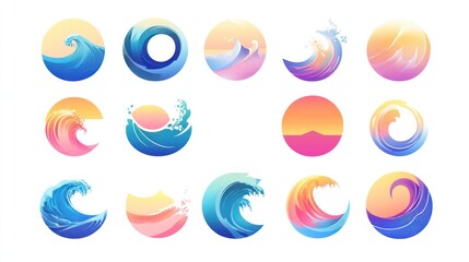 Colorful ocean wave icons; sunset, sunrise, water design elements for website or app