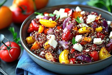 Delicious quinoa salad with roasted vegetables and feta cheese in a gray bowl, presented on a blue cloth background, ready to be served as a healthy and flavorful meal.