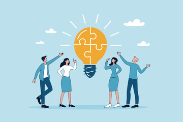 Idea brainstorming, cooperation or collaboration to get solution, teamwork or team meeting to develop idea together, employee participation concept, business people connect lightbulb jigsaw puzzle.