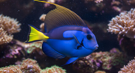 Obraz premium Striking Sailfin Tang displays its vibrant dorsal fin in underwater environment