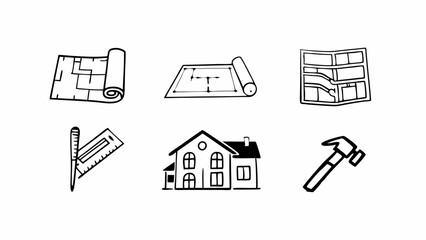Illustration of house blueprints, map, house model, ruler, pencil, and hammer in black and white style created with generative AI