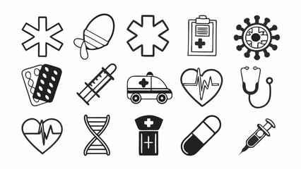 Obraz premium Collection of medical icons including ambulance, dna, stethoscope, pills, and other healthcare symbols created with generative AI