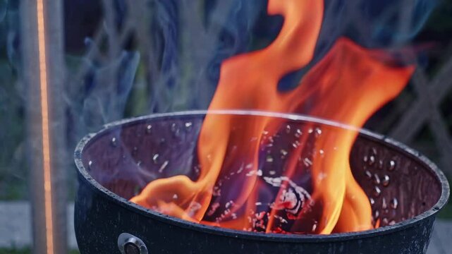 Close-up video of a barbecue grill with vibrant flames, shot from a low angle, capturing the dynamic and fiery essence of outdoor cooking.