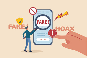 Fake news, false information sharing on social media, hoax or lies censorship, fake website cheating, scam or dishonesty report concept, man magnifying glass on social media as fake news attention.