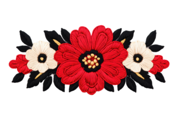 Vibrant embroidered floral patch with red and white flowers and black leaves, cut out