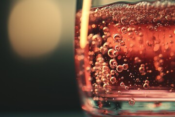 Close-up of a red, sparkling drink with numerous bubbles against a blurred background, creating an abstract and refreshing visual experience and interesting texture.