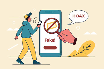 Fake news, false information sharing on social media, hoax or lies censorship, fake website cheating, scam or dishonesty report concept, man magnifying glass on social media as fake news attention.