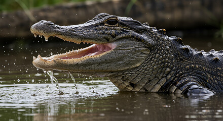 Obraz premium American Alligator bellowing in murky water, showing teeth and water droplets